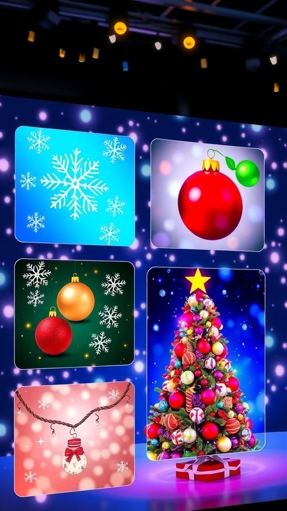 Digital Christmas background widgets showcasing snowflakes, ornaments, and a Christmas tree with twinkling lights.